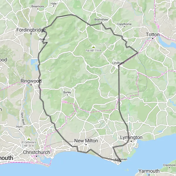 Map miniature of "Coastal Villages and Forests" cycling inspiration in Hampshire and Isle of Wight, United Kingdom. Generated by Tarmacs.app cycling route planner