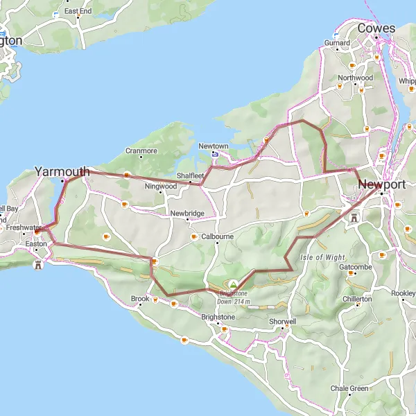 Map miniature of "Carisbrooke Castle and Coastal Adventure" cycling inspiration in Hampshire and Isle of Wight, United Kingdom. Generated by Tarmacs.app cycling route planner