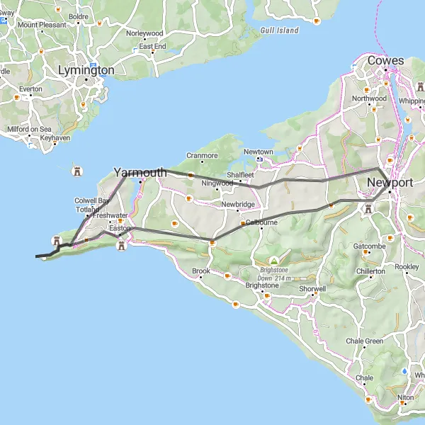 Map miniature of "Newport to Needles Panorama" cycling inspiration in Hampshire and Isle of Wight, United Kingdom. Generated by Tarmacs.app cycling route planner