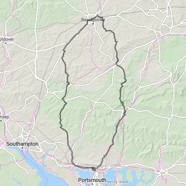 Map miniature of "Selborne and Portsdown Hill Loop" cycling inspiration in Hampshire and Isle of Wight, United Kingdom. Generated by Tarmacs.app cycling route planner