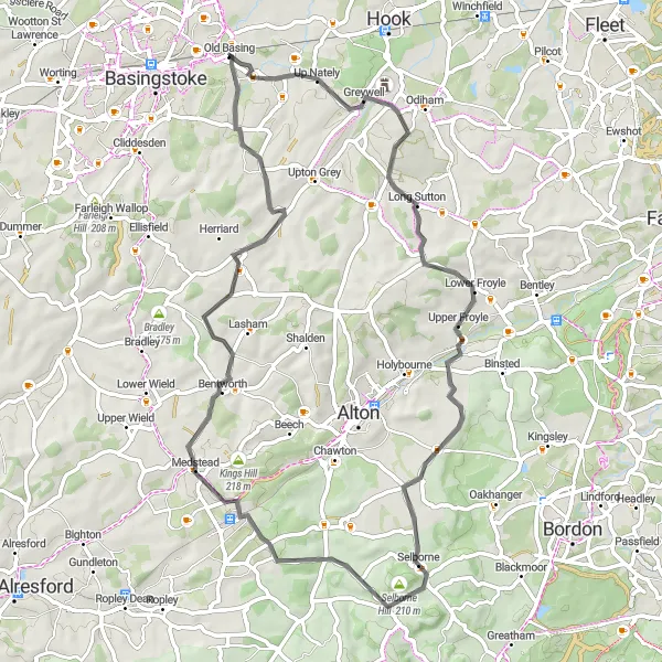 Map miniature of "Old Basing to Greywell Road Cycling Route" cycling inspiration in Hampshire and Isle of Wight, United Kingdom. Generated by Tarmacs.app cycling route planner