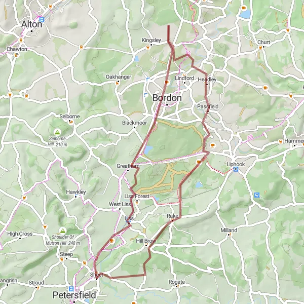 Map miniature of "Hill Brow and Headley Gravel Loop" cycling inspiration in Hampshire and Isle of Wight, United Kingdom. Generated by Tarmacs.app cycling route planner