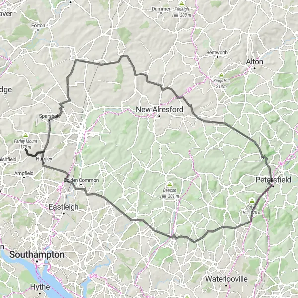 Map miniature of "Hampshire Hills and Valleys" cycling inspiration in Hampshire and Isle of Wight, United Kingdom. Generated by Tarmacs.app cycling route planner