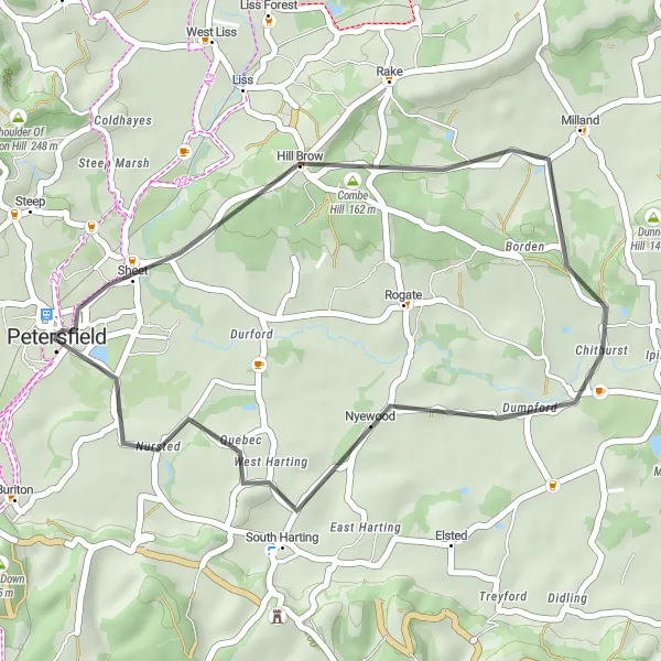 Map miniature of "Combe Hill and South Harting Loop" cycling inspiration in Hampshire and Isle of Wight, United Kingdom. Generated by Tarmacs.app cycling route planner