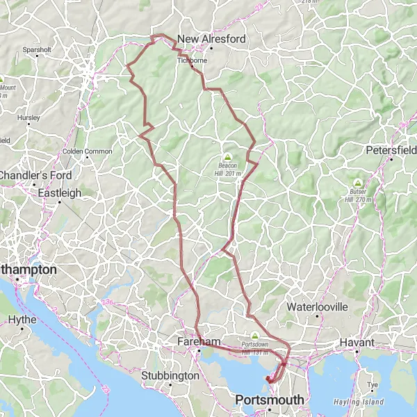 Map miniature of "The Gravel Adventure" cycling inspiration in Hampshire and Isle of Wight, United Kingdom. Generated by Tarmacs.app cycling route planner