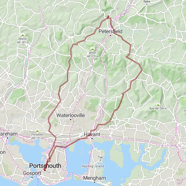 Map miniature of "Portsea Island Gravel Challenge" cycling inspiration in Hampshire and Isle of Wight, United Kingdom. Generated by Tarmacs.app cycling route planner