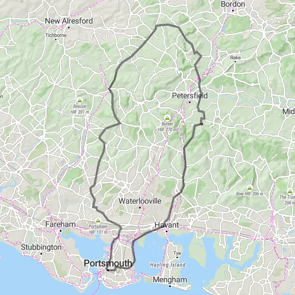 Map miniature of "Portsmouth and Beyond" cycling inspiration in Hampshire and Isle of Wight, United Kingdom. Generated by Tarmacs.app cycling route planner