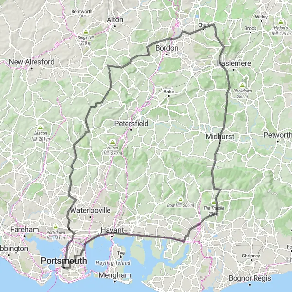 Map miniature of "The Hampshire Odyssey" cycling inspiration in Hampshire and Isle of Wight, United Kingdom. Generated by Tarmacs.app cycling route planner