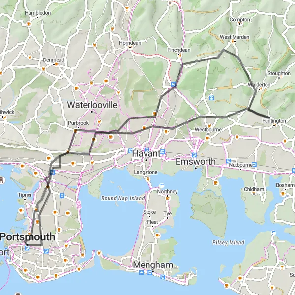 Map miniature of "Portsdown Hill and Southsea Loop" cycling inspiration in Hampshire and Isle of Wight, United Kingdom. Generated by Tarmacs.app cycling route planner