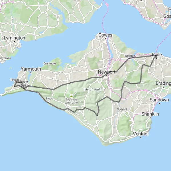 Map miniature of "Coastal Exploration" cycling inspiration in Hampshire and Isle of Wight, United Kingdom. Generated by Tarmacs.app cycling route planner