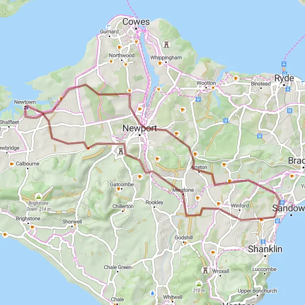 Map miniature of "Porchfield Gravel Adventure" cycling inspiration in Hampshire and Isle of Wight, United Kingdom. Generated by Tarmacs.app cycling route planner