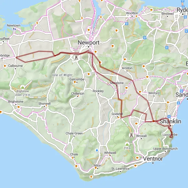 Map miniature of "Gravel Adventure Through Shanklin and Carisbrooke" cycling inspiration in Hampshire and Isle of Wight, United Kingdom. Generated by Tarmacs.app cycling route planner