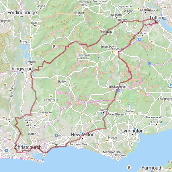 Map miniature of "A Gravel Adventure: New Forest Wonders" cycling inspiration in Hampshire and Isle of Wight, United Kingdom. Generated by Tarmacs.app cycling route planner