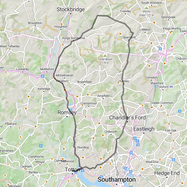 Map miniature of "Timsbury and Chandler's Ford Loop" cycling inspiration in Hampshire and Isle of Wight, United Kingdom. Generated by Tarmacs.app cycling route planner