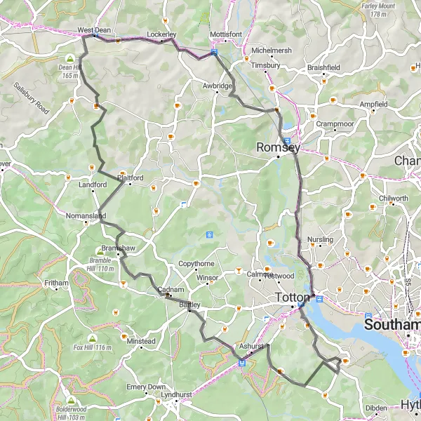 Map miniature of "Yards Hill and Bramshaw Road Loop" cycling inspiration in Hampshire and Isle of Wight, United Kingdom. Generated by Tarmacs.app cycling route planner