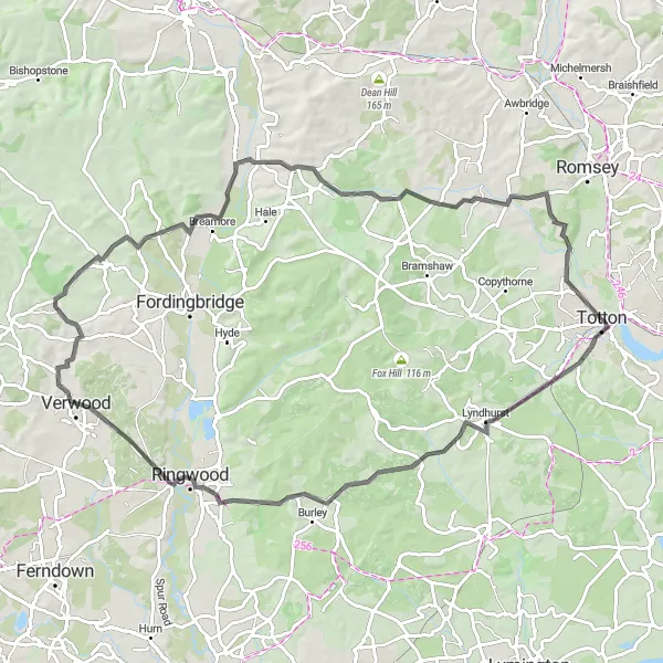 Map miniature of "The New Forest Loop" cycling inspiration in Hampshire and Isle of Wight, United Kingdom. Generated by Tarmacs.app cycling route planner