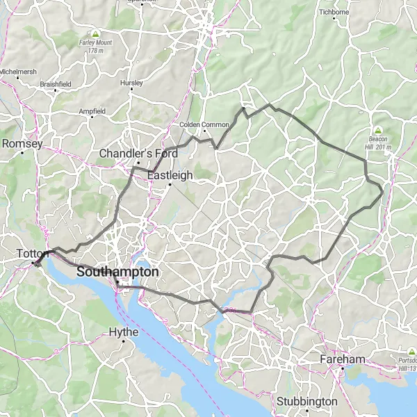 Map miniature of "Southampton and Hut Hill Loop" cycling inspiration in Hampshire and Isle of Wight, United Kingdom. Generated by Tarmacs.app cycling route planner