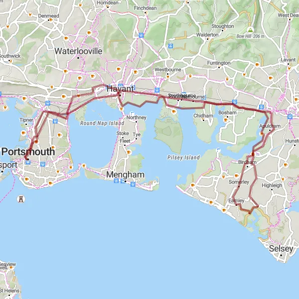 Map miniature of "Fishbourne and Portsmouth Gravel Ride" cycling inspiration in Hampshire and Isle of Wight, United Kingdom. Generated by Tarmacs.app cycling route planner