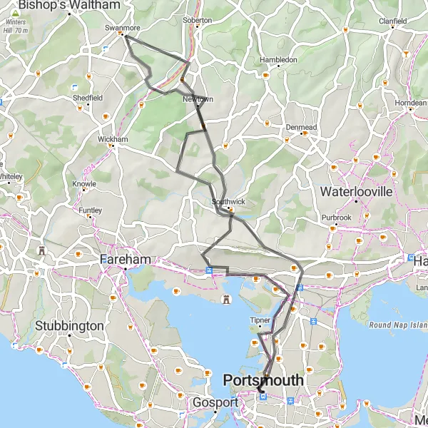 Map miniature of "Portchester and Portsmouth Loop" cycling inspiration in Hampshire and Isle of Wight, United Kingdom. Generated by Tarmacs.app cycling route planner