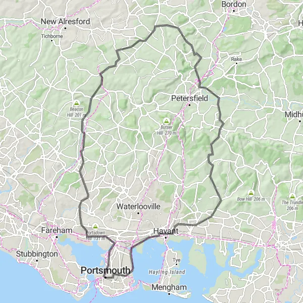 Map miniature of "Meonstoke and Southsea Adventure" cycling inspiration in Hampshire and Isle of Wight, United Kingdom. Generated by Tarmacs.app cycling route planner