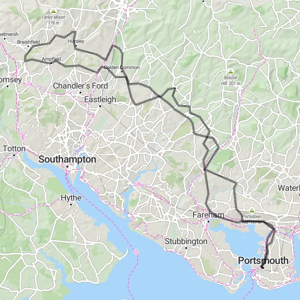 Map miniature of "Historic Hampshire Tour" cycling inspiration in Hampshire and Isle of Wight, United Kingdom. Generated by Tarmacs.app cycling route planner