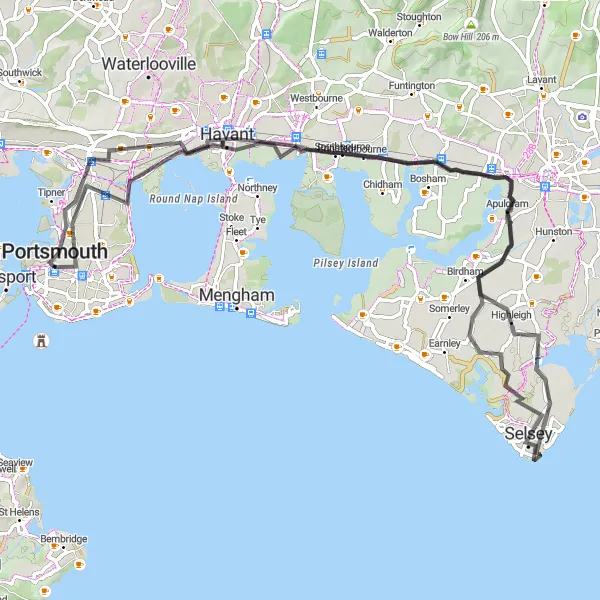 Map miniature of "Scenic Tour of Southsea and Beyond" cycling inspiration in Hampshire and Isle of Wight, United Kingdom. Generated by Tarmacs.app cycling route planner