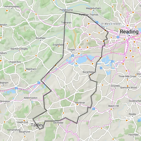 Map miniature of "The Charming Roadways of Tadley" cycling inspiration in Hampshire and Isle of Wight, United Kingdom. Generated by Tarmacs.app cycling route planner