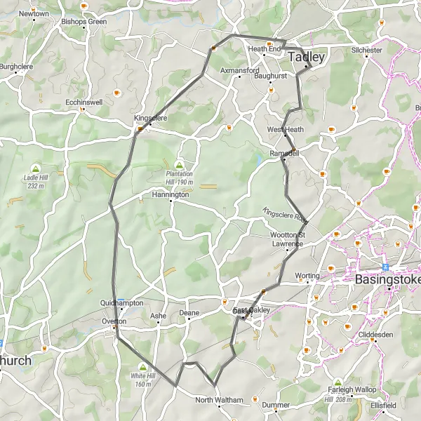 Map miniature of "Tadley's Hidden Gems" cycling inspiration in Hampshire and Isle of Wight, United Kingdom. Generated by Tarmacs.app cycling route planner