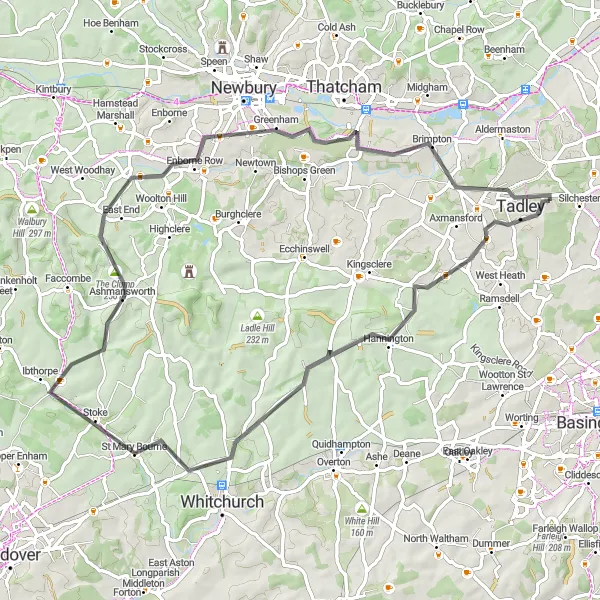 Map miniature of "The Hills and Valleys of Tadley" cycling inspiration in Hampshire and Isle of Wight, United Kingdom. Generated by Tarmacs.app cycling route planner