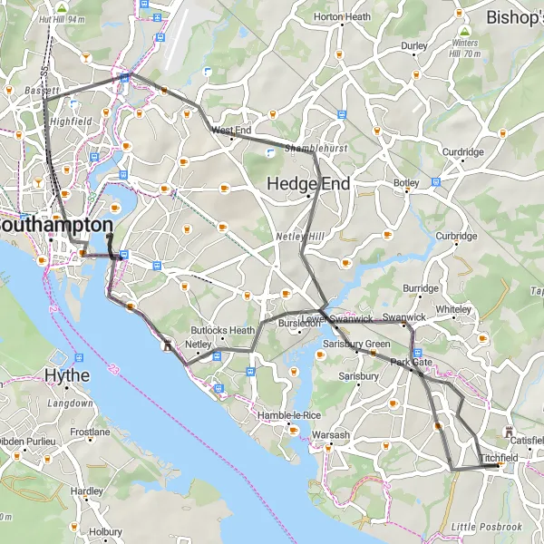 Map miniature of "Coastal Hampshire Delights" cycling inspiration in Hampshire and Isle of Wight, United Kingdom. Generated by Tarmacs.app cycling route planner