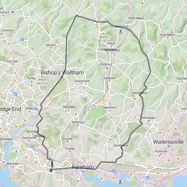 Map miniature of "Countryside Tour to Bishop's Waltham and Fareham" cycling inspiration in Hampshire and Isle of Wight, United Kingdom. Generated by Tarmacs.app cycling route planner