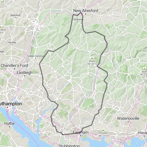 Map miniature of "Scenic Hampshire Countryside" cycling inspiration in Hampshire and Isle of Wight, United Kingdom. Generated by Tarmacs.app cycling route planner