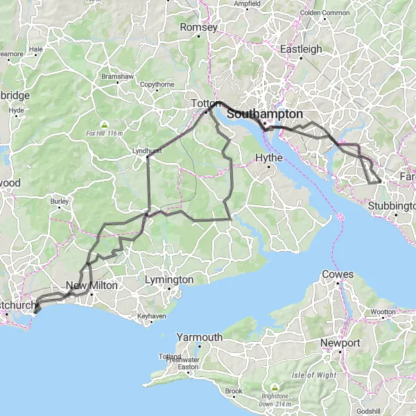 Map miniature of "The Solent Meander" cycling inspiration in Hampshire and Isle of Wight, United Kingdom. Generated by Tarmacs.app cycling route planner