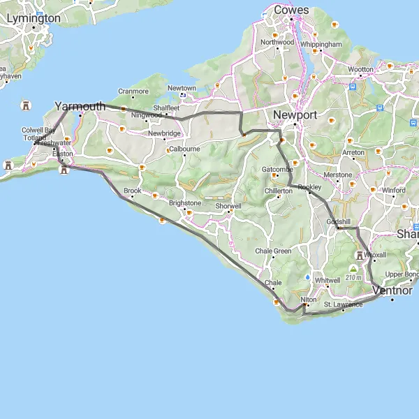 Map miniature of "Yarmouth Castle and Ventnor Road Loop" cycling inspiration in Hampshire and Isle of Wight, United Kingdom. Generated by Tarmacs.app cycling route planner