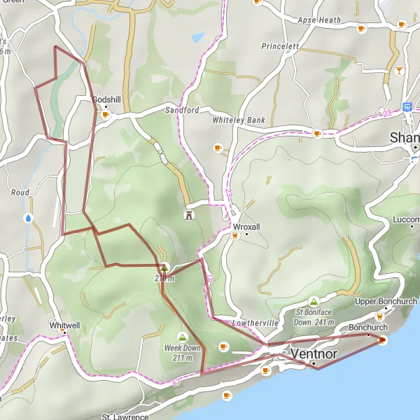 Map miniature of "Ventnor to St Boniface Down Gravel Ride" cycling inspiration in Hampshire and Isle of Wight, United Kingdom. Generated by Tarmacs.app cycling route planner