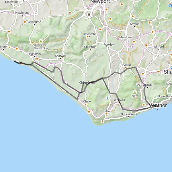 Map miniature of "Whitwell Wonder" cycling inspiration in Hampshire and Isle of Wight, United Kingdom. Generated by Tarmacs.app cycling route planner