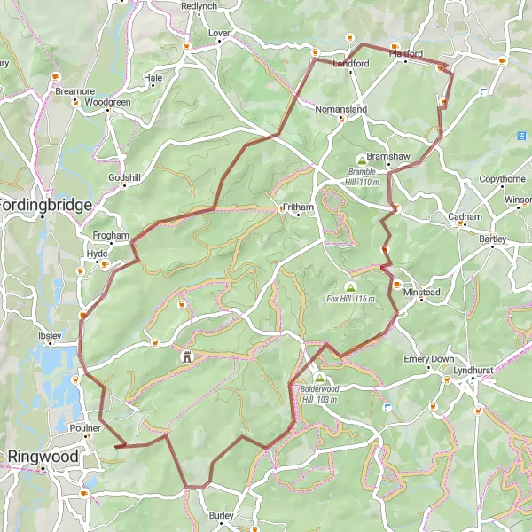 Map miniature of "West Wellow - Black Hill Gravel Route" cycling inspiration in Hampshire and Isle of Wight, United Kingdom. Generated by Tarmacs.app cycling route planner