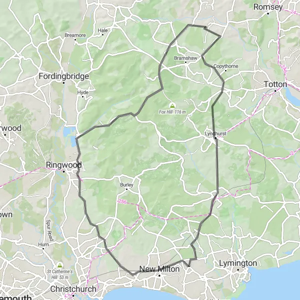 Map miniature of "Wellow to Hordle Loop" cycling inspiration in Hampshire and Isle of Wight, United Kingdom. Generated by Tarmacs.app cycling route planner