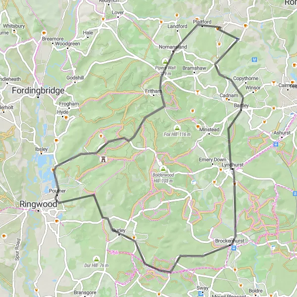 Map miniature of "West Wellow to Nomansland Loop" cycling inspiration in Hampshire and Isle of Wight, United Kingdom. Generated by Tarmacs.app cycling route planner