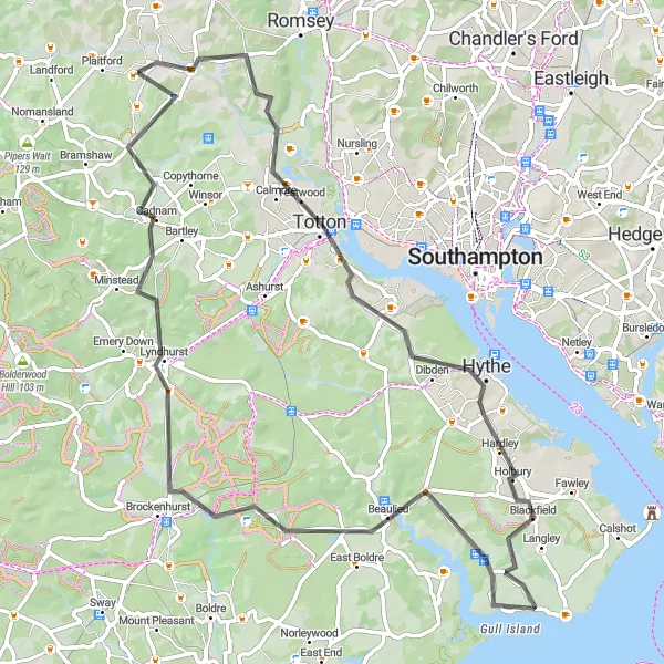 Map miniature of "Wellow to Beaulieu Circuit" cycling inspiration in Hampshire and Isle of Wight, United Kingdom. Generated by Tarmacs.app cycling route planner