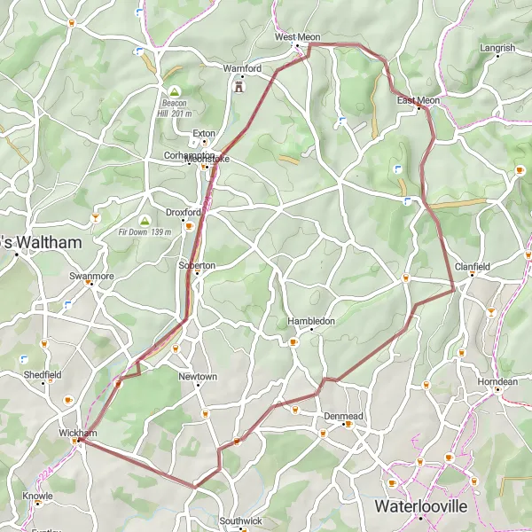Map miniature of "Meonstoke and North Boarhunt Gravel Loop" cycling inspiration in Hampshire and Isle of Wight, United Kingdom. Generated by Tarmacs.app cycling route planner