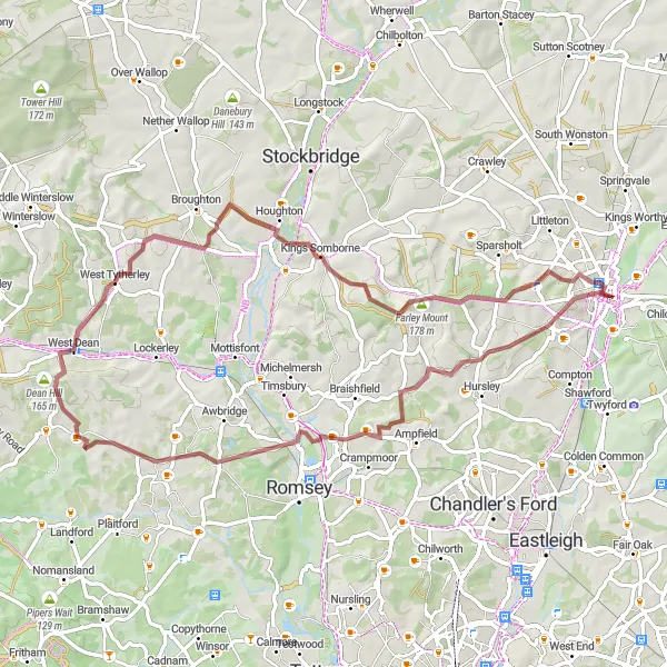 Map miniature of "Hidden Gems of Hampshire Gravel Route" cycling inspiration in Hampshire and Isle of Wight, United Kingdom. Generated by Tarmacs.app cycling route planner