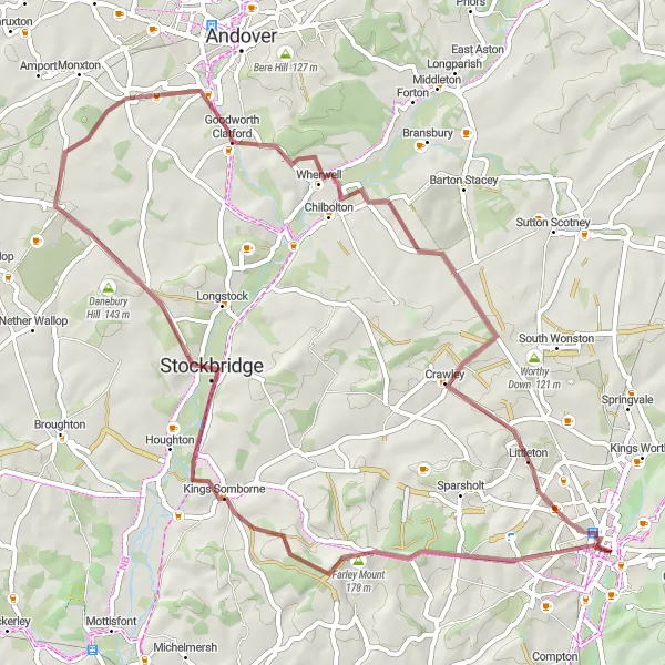 Map miniature of "Farley Mount Gravel Route" cycling inspiration in Hampshire and Isle of Wight, United Kingdom. Generated by Tarmacs.app cycling route planner