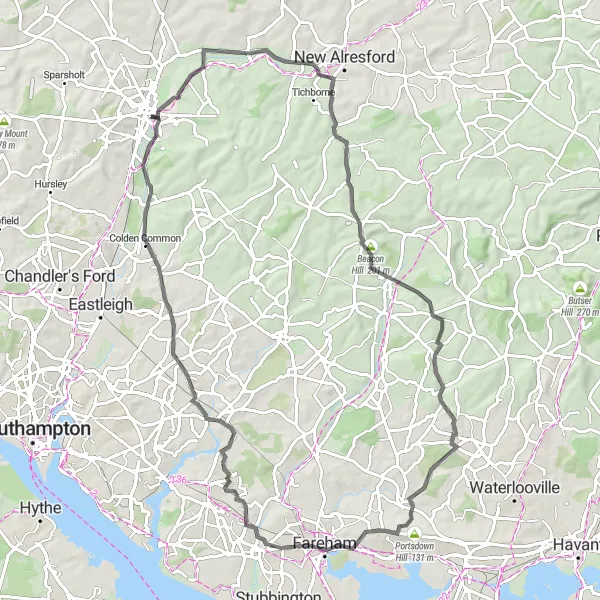 Map miniature of "Kilmeston Road Route" cycling inspiration in Hampshire and Isle of Wight, United Kingdom. Generated by Tarmacs.app cycling route planner