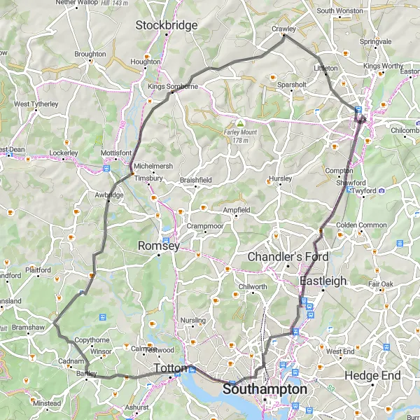 Map miniature of "Otterbourne Hill Road Route" cycling inspiration in Hampshire and Isle of Wight, United Kingdom. Generated by Tarmacs.app cycling route planner