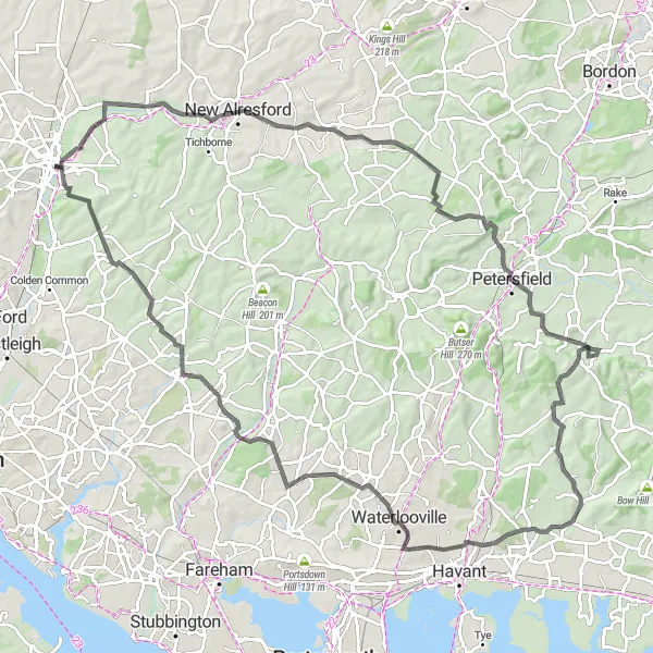 Map miniature of "Hampshire Hills Road Adventure" cycling inspiration in Hampshire and Isle of Wight, United Kingdom. Generated by Tarmacs.app cycling route planner