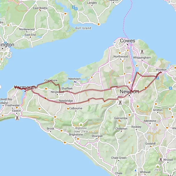 Map miniature of "Village and Coastal Gravel Escape" cycling inspiration in Hampshire and Isle of Wight, United Kingdom. Generated by Tarmacs.app cycling route planner