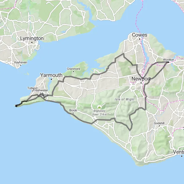 Map miniature of "Castle and Coastal Road Adventure" cycling inspiration in Hampshire and Isle of Wight, United Kingdom. Generated by Tarmacs.app cycling route planner