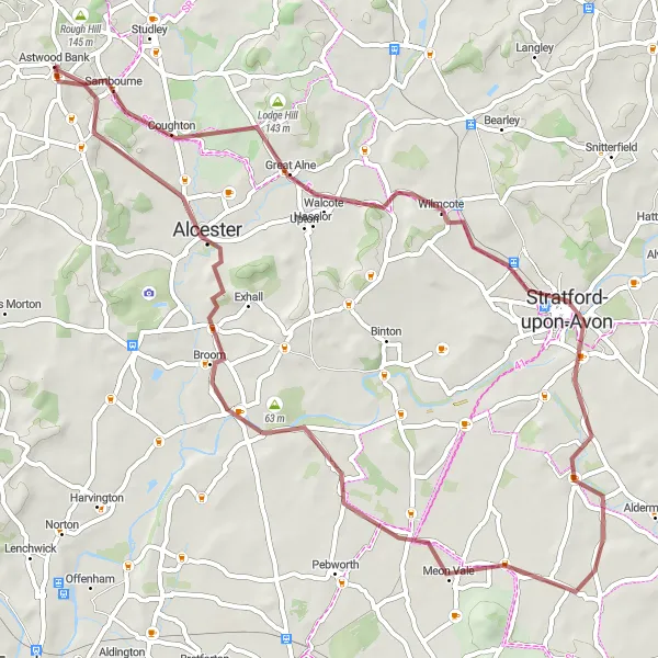 Map miniature of "The Shakespearean Gravel Route" cycling inspiration in Herefordshire, Worcestershire and Warwickshire, United Kingdom. Generated by Tarmacs.app cycling route planner