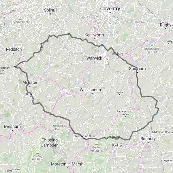 Map miniature of "Astwood Bank to Alcester Loop" cycling inspiration in Herefordshire, Worcestershire and Warwickshire, United Kingdom. Generated by Tarmacs.app cycling route planner